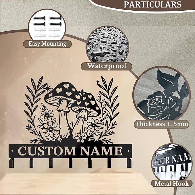 Customized Keys Holder - Personalized Mushroom Wonderland Key Hooks Wall Metal Sign Decor,Wall Holder,Door Hook (Style D)