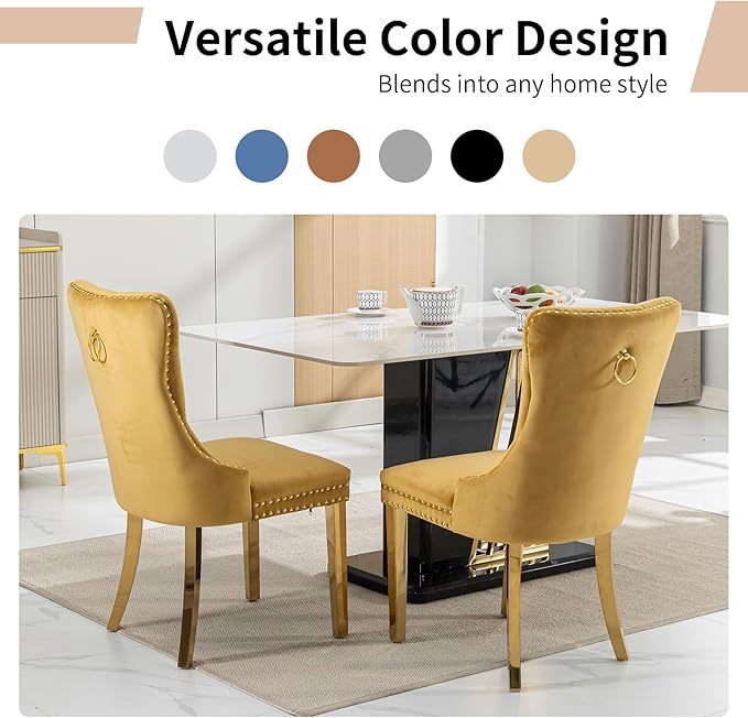 Luxury Upholstered Dining Chairs Set of 4, Yellow Kitchen Chair with Golden Metal Legs, Velvet Tufted Back Dining Chair, Sillas de Comedor, Modern Kitchen & Dining Room Chairs (Gold, 4 Pcs)