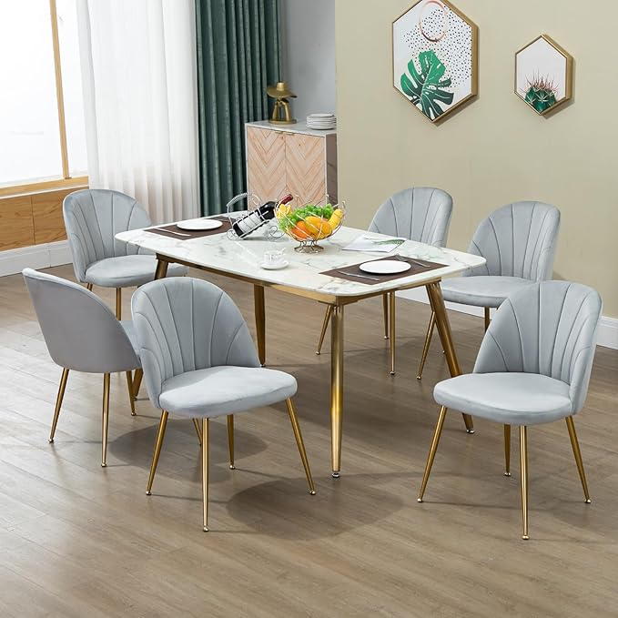 Velvet Dining Chairs Set of 6, Upholstered Mid Century Modern Dining Chairs, Armless Accent Chair with Metal Gold Legs for Living Room, Kitchen, Dining Room, Grey