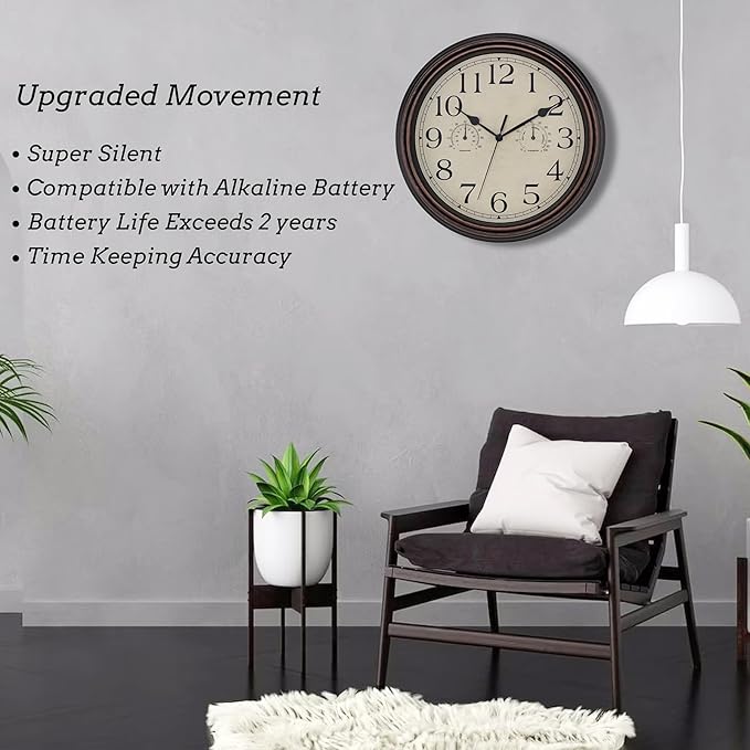 Foxtop Indoor Outdoor Waterproof Wall Clock with Thermometer and Hygrometer Combo, 14 Inch Retro Silent Non-Ticking Battery Operated Quartz Round Outdoor Clocks for Patio Home Office (Bronze)