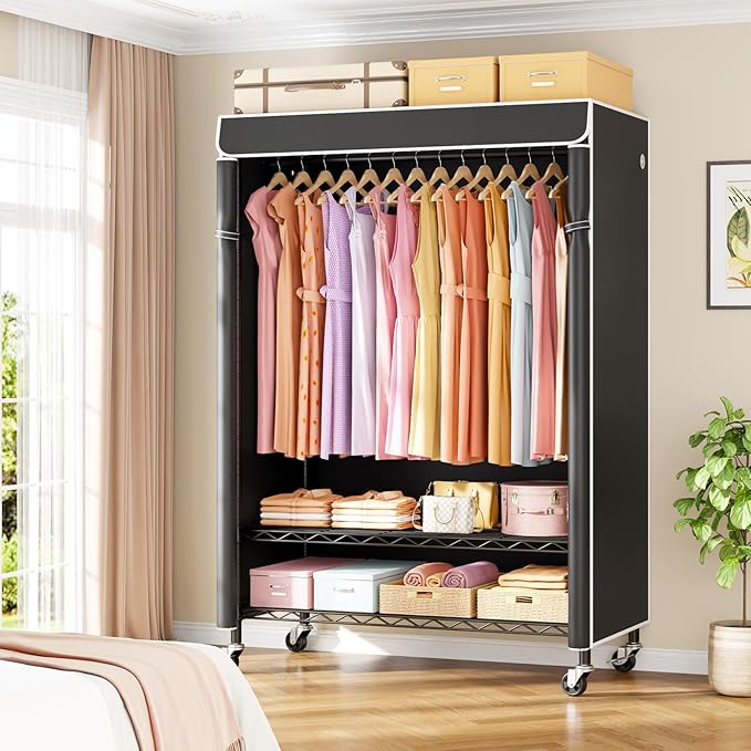 P6C Plus Rolling Clothes Rack with Cover, Covered Clothing Rack Heavy Duty, Portable Closet for Hanging Clothes, Garment Rack on Wheels, Black Closet Rack with Black Cover, Max Load 375LBS