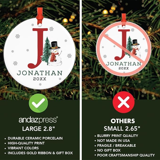 Andaz Press Personalized Ornament, Custom Name, Initial J Monogram Snowman 2.8" Ceramic Porcelain 2025 Christmas Ornament Keepsake for Kids, Boys, Girls, Initial Ornaments Monogram Ornament 1-Pack