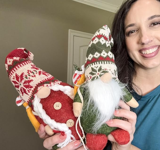 2PCS 9.5 Inch Christmas Gnome Plush Decorations, Handmade Scandinavian Tomte Elf Figurines with Gift, Nordic Xmas Gnome Ornaments for Holiday Home Table Office Decor