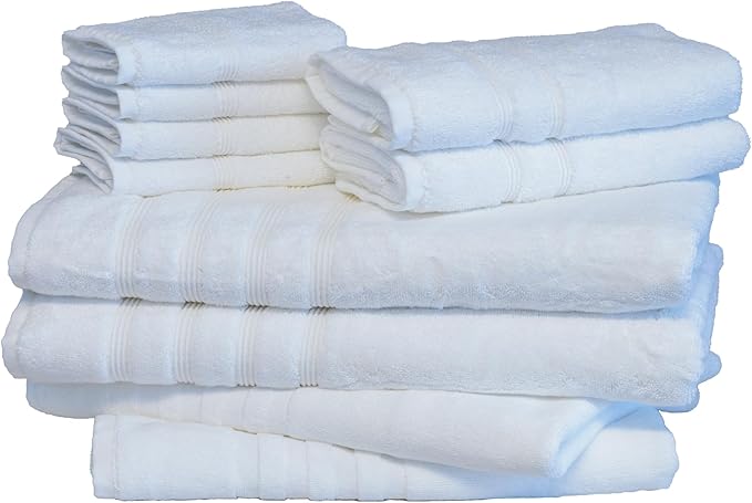 Mosobam Luxury Turkish 10pc XL Deluxe Bath Bundle Body Hand Face Towel and Mat White 700 GSM & 1000 GSM Bamboo Viscose & Aegean Turkish Combed Cotton