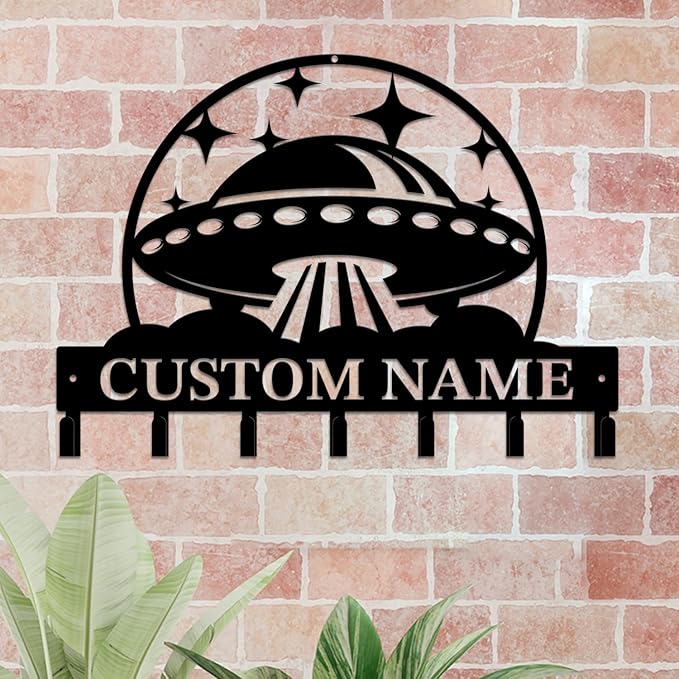 Personalized Custom Alien UFO Metal Wall Keys Hooks,Clothes Hooks Alien UFO Art Coat Racks,Door Holder,Black Alien UFO Decorations for Home,Entrance Doors,Hallway, Bedroom,Keys,Hats (Style F)