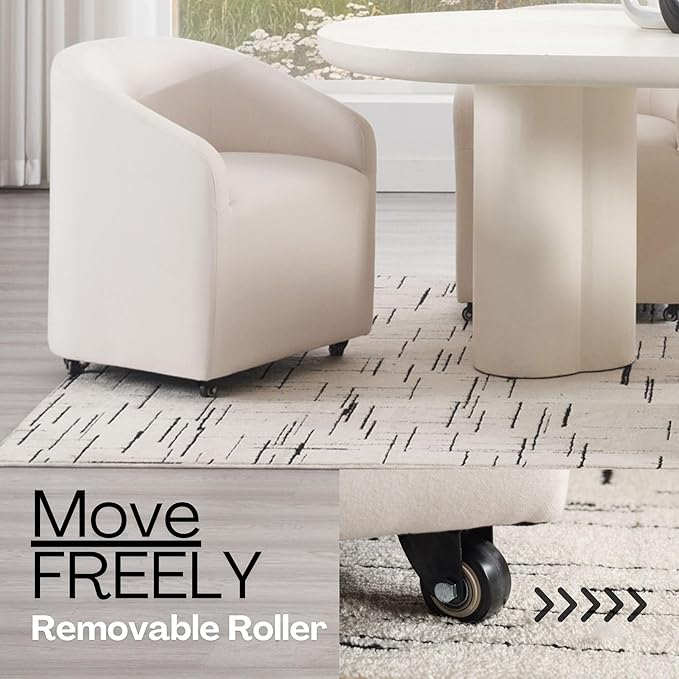 Modern White Upholstered Dining Chairs with Swivel Casters, Linen Barrel Back Accent Side Chair for Dining Room Living Room, Beige