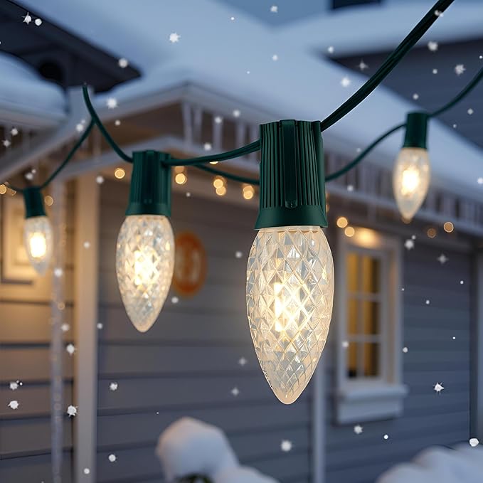 YULETIME Warm White C9 LED Christmas Lights, 25 Feet 25 Count 12" Spacing Faceted Strawberry Bulbs UL Certified Outdoor String Light Set (Warm White)