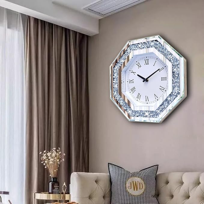 Wall Clock, Octagon Mirror Glass Clock, Cute Diamond 20-inch Non-Ticking Clock for Wall Décor, Perfect Home Decor for Bedroom, Bathroom Motif, Dining Room(Excluding Batteries.)