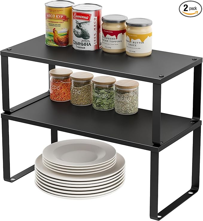 15.75" Long Stackable Expandable Metal Shelf Organizer For Kitchen Cabinet Counter Storage, Set of 2 Small Metal Storage Shelves Spice Rack For Kitchen Cupboard Countertop,Sturdy, 30LBS Heavy Duty