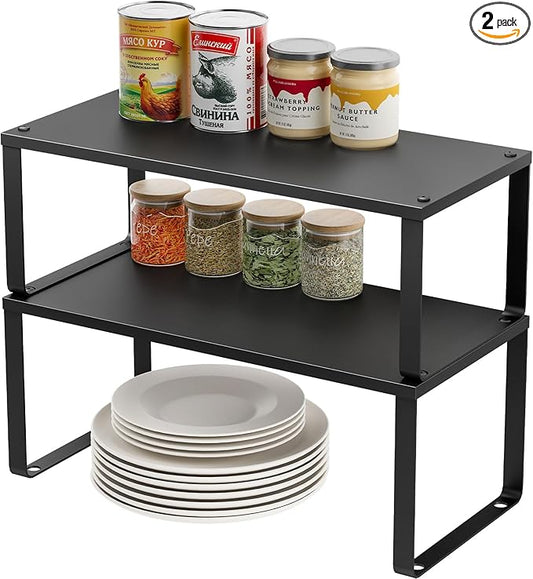 15.75" Long Stackable Expandable Metal Shelf Organizer For Kitchen Cabinet Counter Storage, Set of 2 Small Metal Storage Shelves Spice Rack For Kitchen Cupboard Countertop,Sturdy, 30LBS Heavy Duty