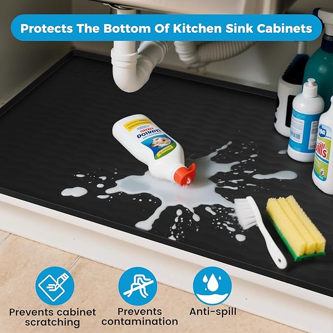 URMONA 40'' x 22'' Waterproof Silicone Under Sink Mat Cabinet and Counter Protector, Shelf Liner for Kitchen and Bathroom, Storage and Organizers, Litter Mat, Pet Cat Puppy Essentials（Black）