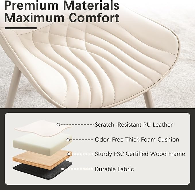 YOUTASTE Cream Dining Chairs Set of 2, Mid Century Modern Comfy Kitchen Chair, Upholstered Faux Leather, Cream Metal Legs, Armless Accent Chairs for Bedroom Vanity Lounge