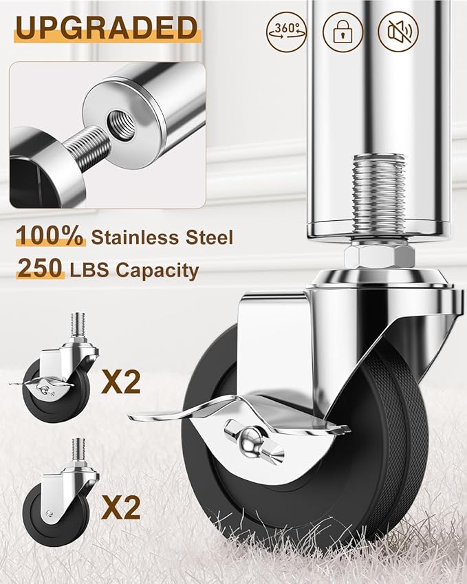 Upgraded 100% Stainless Steel Clothing Rack Load 760LBS, Heavy Duty Clothes Racks with Larger & Sturdy Wheel, Extendable & Adjustable Rolling Garment with Shelves for Hanging Portable Closet Rack