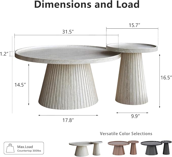 win2win Nesting Coffee Table Set of 2, Modern Fluted Coffee Table with Faux Stone Veneer, Travertine Round Tea Table and End Table Set, Minimalist Center Tables for Living Room, Office, Stone
