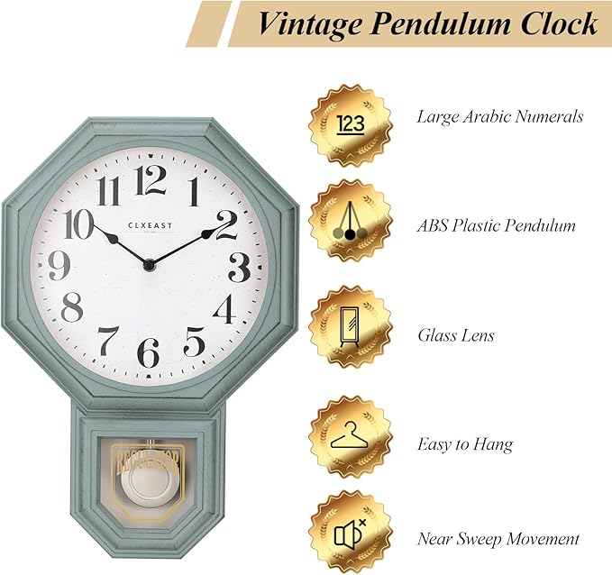 CLXEAST Pendulum Wall Clock, Schoolhouse Regulator Clock with Pendulum,Antique Aged Teal Green ABS Plastic,House Warming Gifts New Home,12" W x 17.5" H