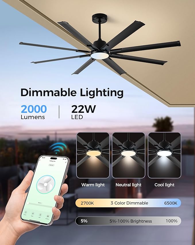 72In Black Aluminum Ceiling Fan with Light,Smart ceiling fan with Alexa and APP(via WIFI),6 Speed,3CCT,Quiet DC Outdoor Indoor fan for patio and Living Room