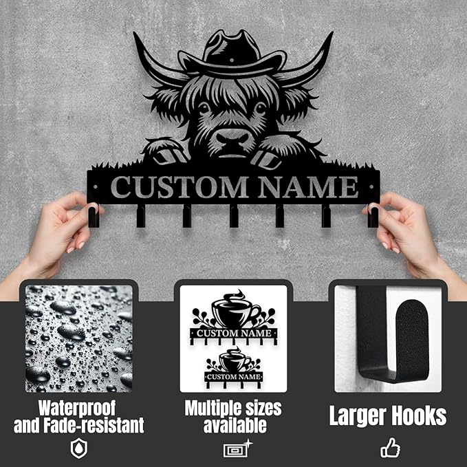 Personalized Highland Cow Metal Keys Hooks,Custom Name Metal Highland Cow Keys Hooks,Black Metal Highland Cow Wall Home Storage Decorative Keys Hooks,Key Holder Hooks for Wall (Style G)