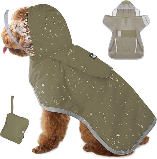 Lukovee Dog Raincoat - Lightweight Hooded Dog Rain Coat for Large Medium Small Dogs, Adjustable Poncho Jacket with Reflective Stripes & Built-in Storage Pocket (Green, Medium)