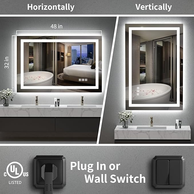 LED Mirror for Bathroom, 48x32 Inch Backlit + Front Lighted Bathroom Vanity Mirror with Lights for Wall, Double Light Strips, 3 Colors, Shatter-Proof, Anti-Fog and Brightness Memory