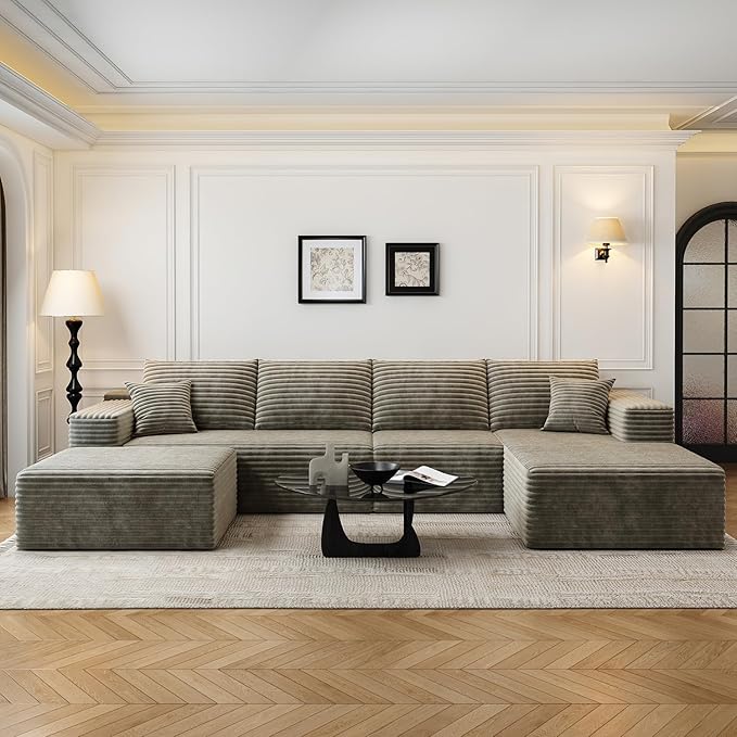 135.4" Cloud Modular Sectional Sofa with 1 Ottoman,Modern Minimalist Upholstered Couches, Comfort U Shaped Sofa for Living Room,Deep Seat Corner Couch，No Assembly Required (Camel,Right Facing Chaise)