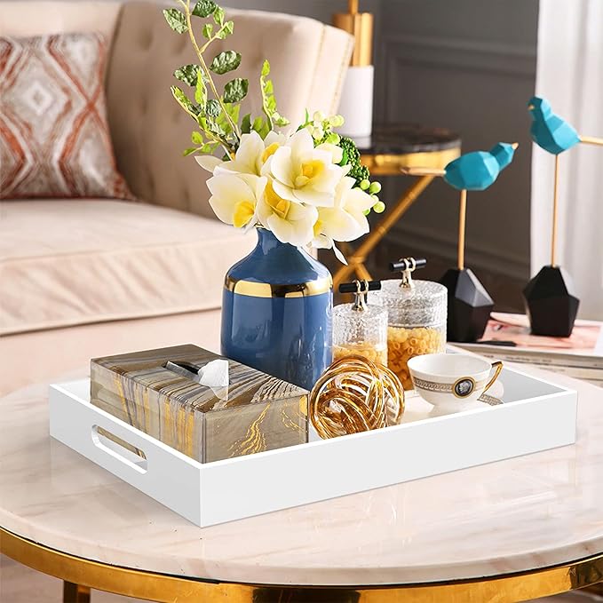 Acrylic Serving Trays with Handles, 16"x 12" Rectangle Sturdy Breakfast Tray, White Decorative Trays Organiser for Bedroom, Kitchen, Living Room, Bathroom, Hospital and Outdoors