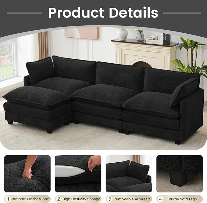 ROWHY Oversized Modular Sectional Couch with Movable Ottoman, 112" Modern Convertible L Shaped Sofa Set, 4 Seat Comfy Cloud Couch with 2 Throw Pillows, for Living Room and Office, Chenille, Black