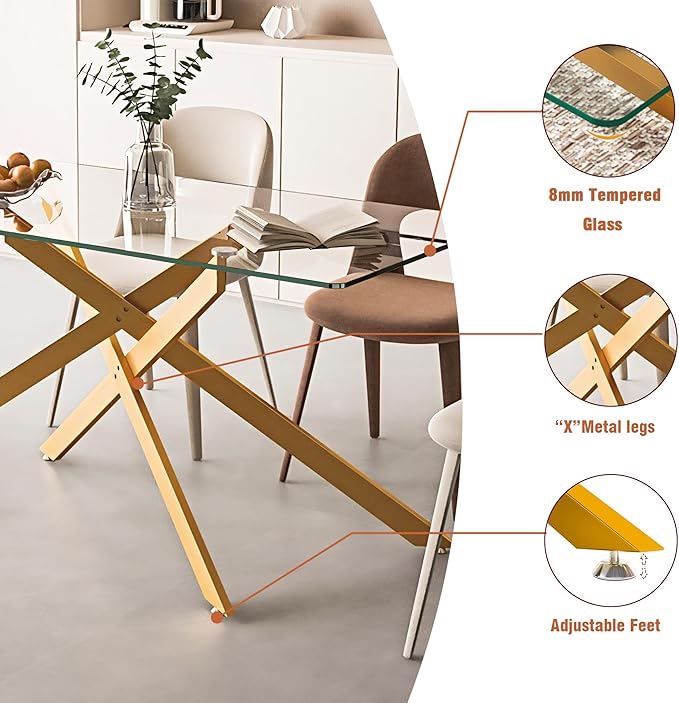 60" Glass Dining Table Modern Kitchen Table for 4-6 People, Contemporary Rectangular Dining Room Dinner Tables with Clear Glass Top & Gold Metal X Legs for Kitchen Apartment
