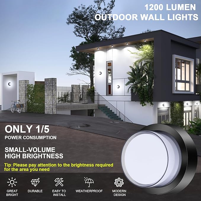 Outdoor LED Ceiling Flood Lights, Waterproof Modern Exterior Wall Light, 12W Anti Rust Outside Porch Light with 6000K Daylight Small Circle Wall Mount Fixtures for House Backdoor Yard Entryway