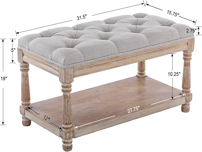 Kmax Storage Entryway Bench Tufted Shoe Rack Bench Wood Window Bench for Hallway Entrance Bedroom Corner-1 Seat, Gray