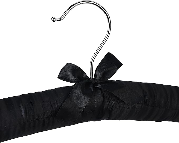 Black Satin Padded Sweater Hangers 10 Pack, Blouse Hanger with Thick & Soft Foam for Bridal Wedding Dress Lingerie, Smooth Silk Covered Shirt Hanger Without Shoulder Bump