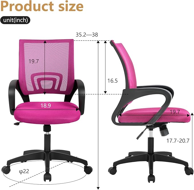 BestOffice | Ergonomic Office Chair | Mid-Back Swivel Desk Chair | Breathable Backrest & Lumbar Support | Adjustable Height | Sponge Seat | Rolling Wheels | Peach Pink | for Adults & Women