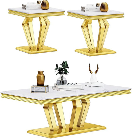 Living Room Table Set, 3-Piece Table Set Includes Coffee Table & 2 End Tables, White and Gold Table Set for Home Apartment Office