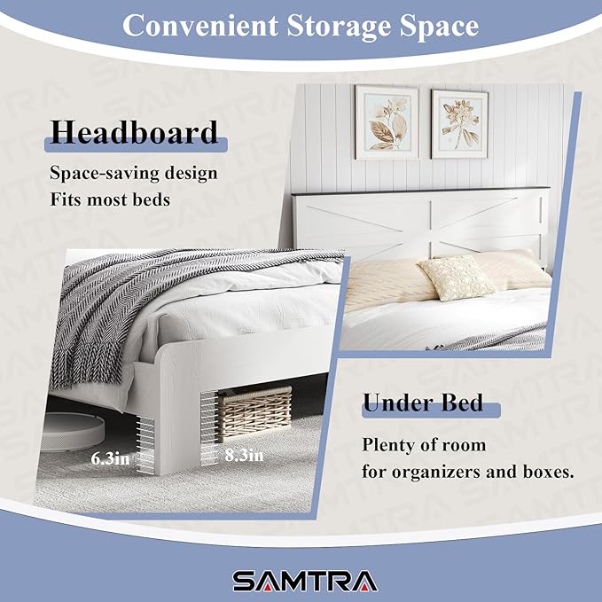 Wooden Bed Frame King Size with Headboard, Farmhouse Platform Bedframe with Wood Slat Support, Sturdy Framework Bed Frame, Easy Assembly (Rustic White)