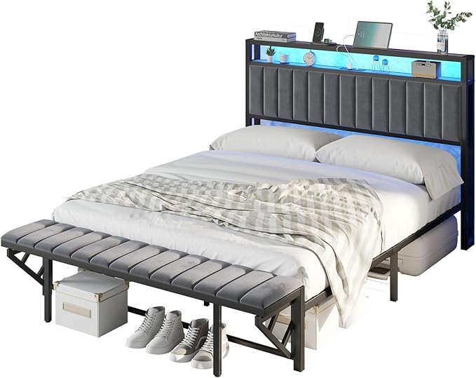 Full Bed Frame with LED Light and Charging Station, Velvet Upholstered Headboard with Storage Shelf, Heavy Duty Metal Slats/No Box Spring Needed/Easy Assembly, Grey