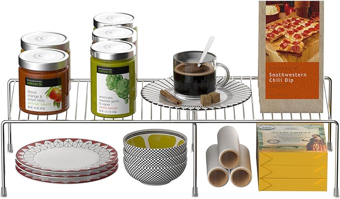 Kitchen Cabinet Expandable Shelf Organizers Set of 4, Adjustable Metal Wire Pantry Storage Shelves, Plate Dish Organizer Rack for Cabinets, Cupboard, Counter, Freezer, Countertop, Chrome