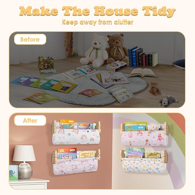 Floating Book Shelves for Wall Set of 4 Wood Nursery Bookshelves for Kids Room 16.9 Inch Kids Bookshelf for Books Toys and Decor,Wall Mounted Storage for Baby Boys Girls Bedroom Living Room