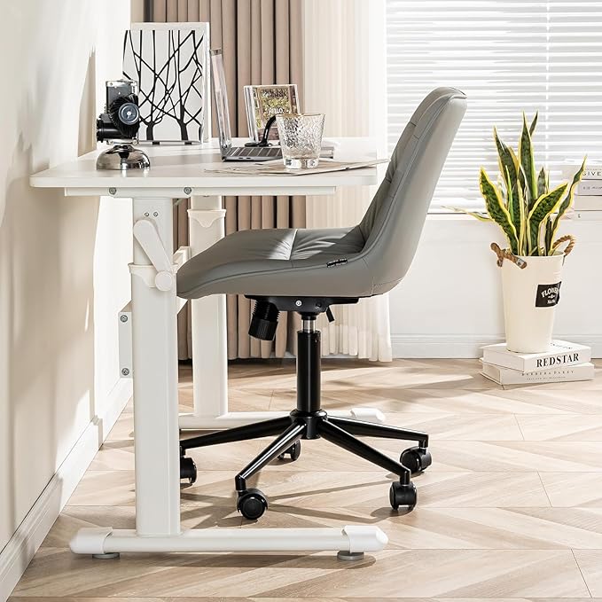 Kidol & Shellder Faux Leather Office Chair, Adjustable Swivel Height Task Chair, Rolling Wheels & Soft Backrest - Armless Ergonomic Desk Chair for Home, Office,Vanity,Gaming（Gray）