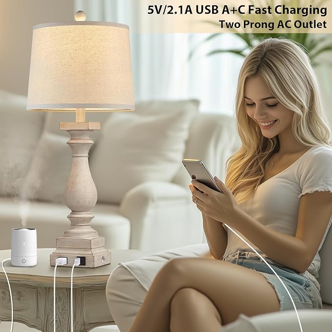 28" Tall Farmhouse Table Lamps with USB C+A Ports and AC Outlet, 3 Way Touch Control Rustic Bedside Lamps for Bedroom, Beige Vintage Nightstand Lamps for Living Room Office