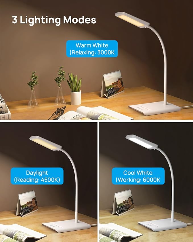 TROND Desk Lamp, Bright Dimmable Eye-Caring Table Lamp, 3 Color Modes 7 Brightness Levels, Flexible Gooseneck, Touch Control, Memory Function, Desk Light for Home Office Dorm Room Essentials