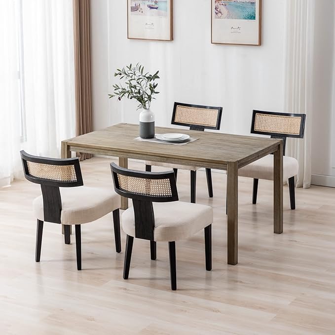 Rattan Dining Chairs Set of 6, Modern Dining Chair Kitchen Dining Room Chair, Curved Cane Back Upholstered Linen Fabric Dining Chair with Black Wood Frame, Beige