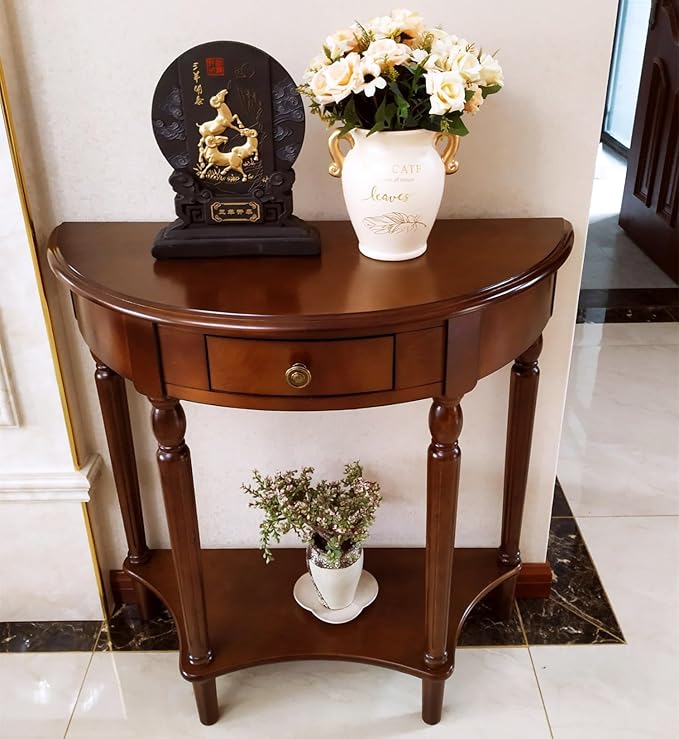 Solid Wood Console Table with Drawer, Semi-Circle Entryway Storage Shelf, Half-Moon Porch Table Side Elegant Vintage Sofa for Living Room (Walnut-Colored (39.4" L x 15.7" W x 34.4" H))