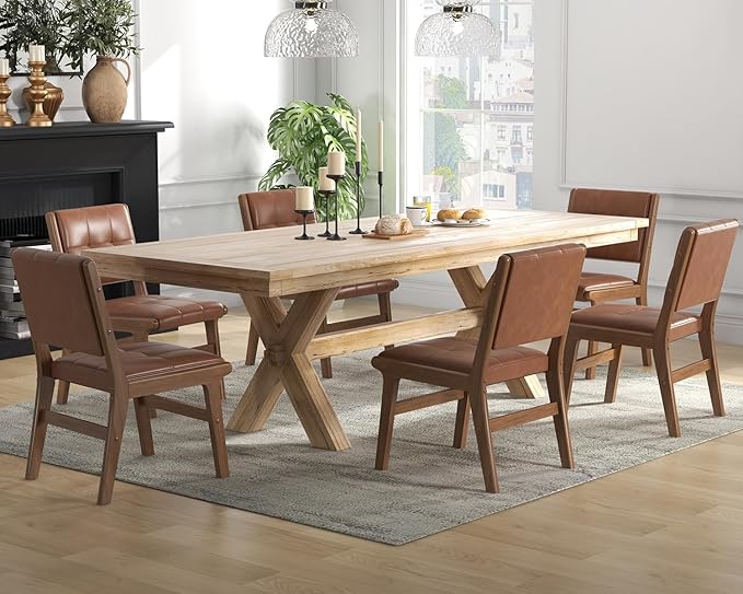 KCC Modern PU Leather Dining Chairs Set of 2, Upholstered Kitchen Chairs with Solid Wood Legs and Comfortable Seat for Dining Room/Lounge/Bedroom(Brown)