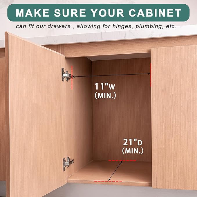 Pull Out Drawers for Kitchen Cabinets, Pull Out Cabinet Organizer, Fully Assembled Wood Cabinet Pull Out Drawer, Fast and Easy DIY Installation, 11”W x 21”D