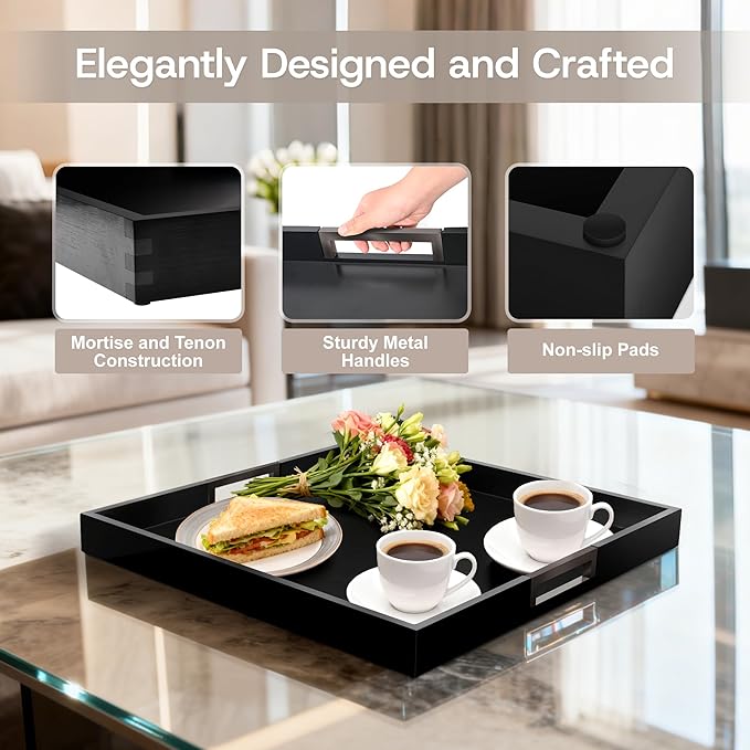 Joy&Grace Large Square Ottoman Tray for Living Room and Coffee Table 22 Inch Decorative Acacia Wood Serving Tray with Handles for Breakfast in Bed, Dinner Food Kitchen TV (Black, 22" x 22" x 2")