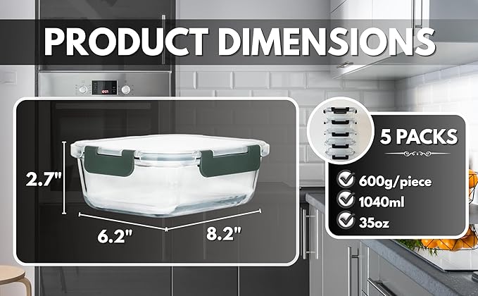 5-Pack Borosilicate Glass Food Containers 35oz, Airtight BPA-Free Meal Prep Containers with Locking Lids, Oven, Microwave & Dishwasher Safe Storage Set