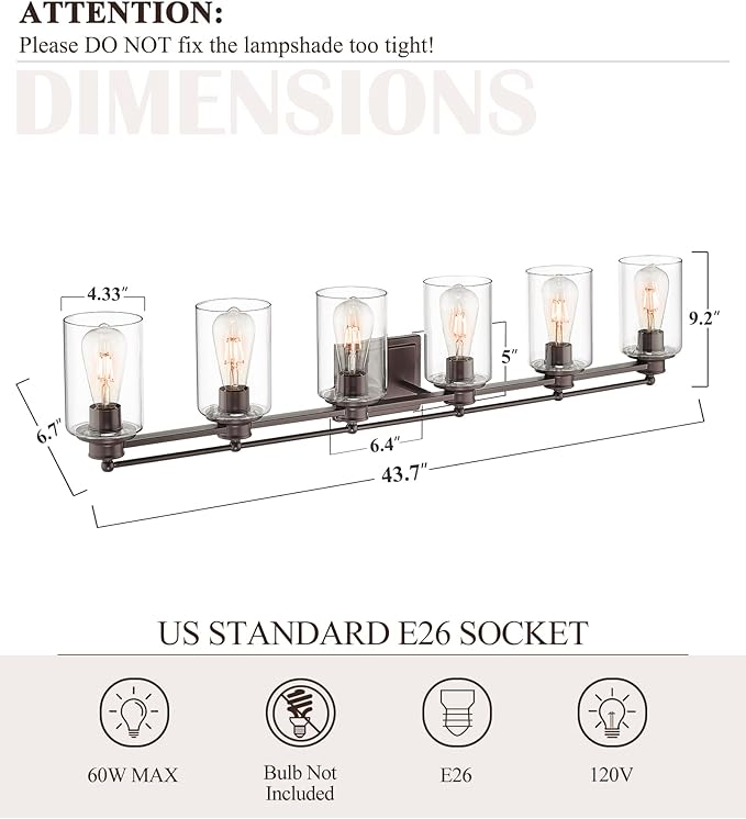 HWH Bathroom Lighting Fixtures Over Mirror 6 Light Oil-Rubbed Bronze Wall Vanity Lights with Clear Glass Shade, 5HLT63B-6W ORB