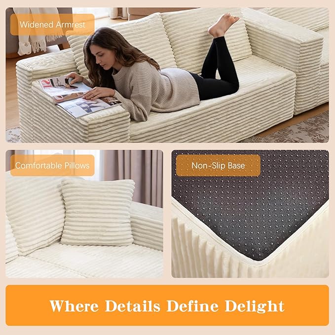 106'' Boneless Couches for Living Room, L Shaped Modular Sectional Sofa with Chaise Lounge, Faux Rabbit Fur & Layered Cushion Deep Seat Cloud Couch, No Assembly (Beige, Right Facing Chaise)