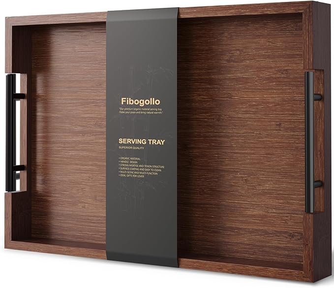 Bamboo Serving Tray with Metal Handles,17x12in Ottoman Decorative Trays Platter for Coffee Table,Living Room,Bar,Party,Large(Brown)