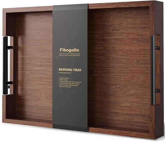 Bamboo Serving Tray with Metal Handles,17x12in Ottoman Decorative Trays Platter for Coffee Table,Living Room,Bar,Party,Large(Brown)