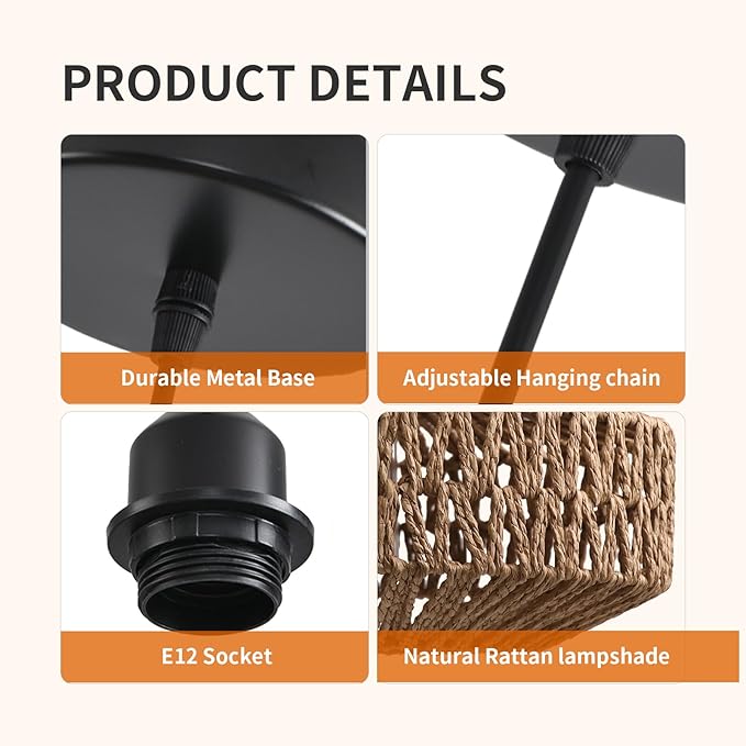 14'' Natural Rattan Chandelier Small Rattan Pendant Light -Farmhouse Boho Hanging Light with Included E27 Bulb, 120V Wicker Chandelier for Dining Room Bedroom Living Room Island